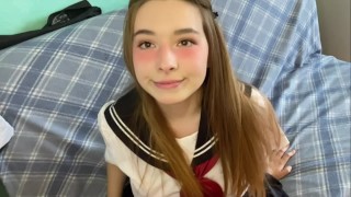 Cutie in Japanese school uniform touches your cock and gets embarrassed